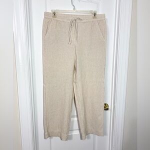 Talbots LINEN Cotton Wide Leg Drawstring Waist Pants Tan & White Stripes Size 14